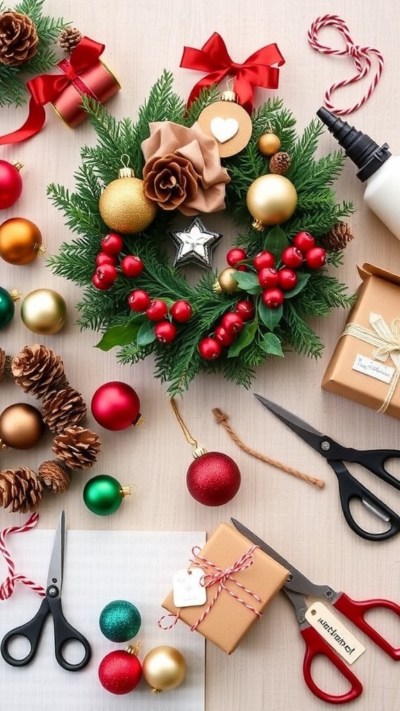 A crafting table with Christmas ornaments, a wreath, and gift tags, showcasing festive holiday crafts.